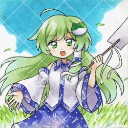  1girl artist_name blue_skirt blue_sky clouds commentary dated day detached_sleeves frog_hair_ornament gohei grass green_eyes green_hair hair_ornament hair_tubes hashtag-only_commentary holding holding_gohei kochiya_sanae long_hair looking_at_viewer maa_(forsythia1729) open_mouth outdoors single_hair_tube skirt sky smile snake_hair_ornament solo touhou traditional_media very_long_hair watermark watermark_grid 