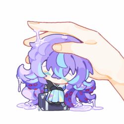  1boy 1other black_gloves black_jacket blue_hair briefcase chibi closed_eyes colored_tips commentary dripping gloves headpat highres hoshirube_sho iridescent_clothes jacket male_focus mini_person miniboy multicolored_hair nijisanji purple_hair shuxingbuming_moxiaobai sitting sitting_on_object slime_(substance) tentacle_hair virtual_youtuber 