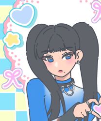  1girl aespa black_hair bleumoonade blue_eyes choker closed_mouth eyelashes heart highres jewelry k-pop karina_(aespa) looking_to_the_side mole real_life ring solo upper_body 