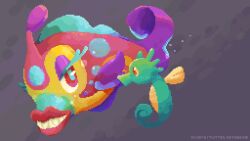  animal_focus aqua_pupils artist_name bruxish commentary dataisgone english_commentary eyelashes fish from_side grey_background half-closed_eyes highres horsea looking_at_another no_humans pink_lips pixel_art pokemon pokemon_(creature) pokemon_focus red_eyes seahorse sharp_teeth smile teeth twitter_username 