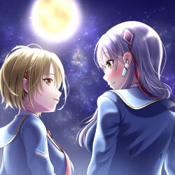  2girls blush commentary_request full_moon green_eyes grey_hair heaven_burns_red highres izumi_yuki_(heaven_burns_red) kayamori_ruka kepekki_kanojo looking_at_another moon multiple_girls necktie red_eyes school_uniform short_hair sky star_(sky) starry_sky yuri 
