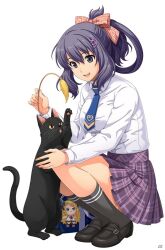  1girl akatsuki_no_kiseki bag bag_charm black_cat black_shoes black_socks blue_bag blue_necktie bow breasts cat character_charm character_request charm_(object) collared_shirt commentary_request contemporary eiyuu_densetsu full_body hair_bow hair_rings highres loafers long_sleeves medium_breasts necktie official_art open_mouth plaid_clothes plaid_skirt pleated_skirt purple_hair purple_skirt red_bow rixia_mao school_bag school_uniform shirt shirt_tucked_in shoes simple_background single_hair_ring skirt smile socks squatting third-party_source violet_eyes white_background white_shirt 