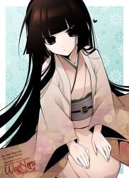  1girl black_eyes black_hair blunt_bangs breasts commentary_request eyeliner fate/grand_order fate_(series) floral_print highres japanese_clothes kimono komahime_(fate) long_hair long_sleeves looking_at_viewer makeup obi sash sitting small_breasts solo very_long_hair wagu_neru white_kimono wide_sleeves 