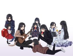  6+girls :d aged_down aged_up ankle_socks araya_(project_moon) baby backpack bag barefoot black_jacket black_leggings black_pants black_shirt black_shoes black_skirt black_sweater black_vest blue_bow blue_bowtie blue_jacket blue_kimono blue_necktie blue_pants blue_sash blue_streaks blue_suit blunt_bangs blush bow bowtie brown_jacket butterfly_print_kimono carrying carrying_baby carrying_person child closed_eyes closed_mouth commentary curtained_hair dress english_commentary food fruit futou_ryouko grey_eyes guitar hair_bow hand_on_own_chin hand_up hashtag-only_commentary headdress holding holding_food holding_fruit holding_strap holding_toy holding_watermelon hood hoodie indian_style instrument jacket jacket_on_shoulders japanese_clothes kimono lapels leg_up leggings limbus_company long_hair long_sidelocks long_sleeves lying mother_and_daughter multiple_girls multiple_persona music necktie notched_lapels obi on_lap on_stomach open_clothes open_hands open_jacket pants peekaboo pinafore_dress playing_guitar playing_instrument pleated_skirt project_moon randoseru red_bag red_bow red_dress red_eyes red_hoodie ryoshu_(project_moon) sash school_uniform seiza shirt shoes short_hair sidelocks simple_background sitting skirt sleeveless sleeveless_dress smile sneakers socks spoilers squatting stuffed_animal stuffed_duck stuffed_toy suit suit_jacket sweater the_pose thigh_strap tie_clip time_paradox toes toy track_jacket track_pants vest watermelon watermelon_slice white_background white_shirt white_shoes white_socks wide_sleeves 