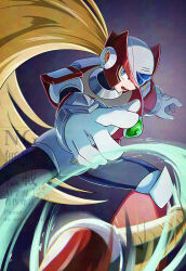  1boy armor blonde_hair blue_eyes chest_jewel commentary_request forehead_jewel helmet highres long_hair male_focus mega_man_(series) mega_man_x_(series) pisuke_(zenmai_jikake) red_armor red_helmet solo z_saber zero_(mega_man) 