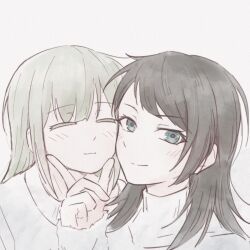  2girls bang_dream! bang_dream!_it's_mygo!!!!! black_hair blue_eyes cheek-to-cheek closed_eyes closed_mouth commentary_request hand_on_another's_face heads_together highres long_hair multiple_girls simple_background smile upper_body wakaba_mutsumi white_background yahata_umiri yakaze_(yakaze1604) yuri 