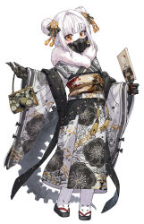  1girl absurdres alternate_costume bag black_mask black_tail blue_archive colored_skin double_bun ein_(blue_archive) extra_pupils floral_print full_body hair_bun handbag highres holding holding_bag holding_paddle japanese_clothes kimono kokukyukeo mask mechanical_hands mechanical_tail paddle print_kimono respirator segmented_tail symbol-shaped_pupils tail white_hair white_skin x-shaped_pupils 