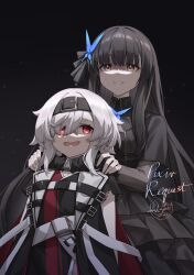  2girls :d azur_lane black_dress black_hair black_hairband blue_butterfly bon_homme_richard_(azur_lane) bon_homme_richard_(meta)_(azur_lane) bug burnt_clothes butterfly butterfly_hair_ornament commission crazy_smile dress girls_frontline grin hair_ornament hair_over_one_eye hairband hands_on_another's_shoulders hands_up highres long_hair lunasia_(girls'_frontline) luyue medium_hair multiple_girls nervous_smile pixiv_commission red_eyes shaded_face sleeveless sleeveless_dress smile very_long_hair white_hair yellow_eyes 