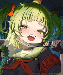  1girl animal_on_head armband baseball_bat bird bird_on_head black_shirt copyright_notice doyagao duck emma_0215 flashlight green_eyes green_hair green_sailor_collar hair_ribbon highres holding holding_baseball_bat holding_flashlight mask mask_pull mouth_mask neckerchief nitya_nil on_head open_mouth phase_connect red_armband red_neckerchief red_ribbon ribbon safety_pin sailor_collar sharp_teeth shirt smug solo teeth two_side_up upper_body upper_teeth_only virtual_youtuber 