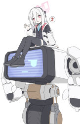  1girl absurdres ame_miya_ta arm_at_side black_boots black_hairband black_skirt black_thighhighs black_vest blue_archive blue_necktie boots bright_pupils collared_shirt commentary_request double-parted_bangs full_body hair_between_eyes hairband halo hand_up highres jacket jitome kei_(amas)_(blue_archive) kei_(blue_archive) kei_(new_body)_(blue_archive) legs_together long_hair long_sleeves looking_at_viewer miniskirt necktie on_head open_clothes open_jacket outstretched_hand pink_halo pleated_skirt rectangular_halo red_eyes robot shirt simple_background sitting sitting_on_head sitting_on_person skirt solo speech_bubble spoken_number thigh-highs vest waving white_background white_hair white_jacket white_pupils white_shirt zettai_ryouiki 