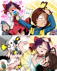  adjusting_hair blue_flower blush bow brown_hair chanchanko_(clothes) choker closed_eyes dress flower gegege_no_kitarou hair_bow hair_ornament hair_slicked_back hairclip hand_in_own_hair hand_on_own_head heart highres hitting holding holding_flower inuyama_mana ittan_momen_(gegege_no_kitarou) kitarou konaki_jijii medama_oyaji meme motion_blur naoya_hitting_choso_without_looking_(meme) nekomusume nekomusume_(gegege_no_kitarou_6) nezumi_otoko nurikabe_(gegege_no_kitarou) parody pinafore_dress pointy_ears ponytail punching purple_hair rapid_punches red_bow red_choker red_dress scene_reference silanduqiaocui sleeveless sleeveless_dress smear_frame sparkle striped_clothes striped_vest sunakake_babaa_(gegege_no_kitarou) vest white_dress yellow_eyes 