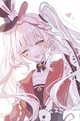  1girl ;d ameshi0227 animal_ears bow braid butterfly-shaped_pupils chibi clothing_cutout commentary dress facial_mark hat heart highres honkai:_star_rail honkai_(series) light_blush monocle one_eye_closed pink_eyes rabbit_ears red_streaks shoulder_cutout side_braid smile sparkle_(honkai:_star_rail) sparxie_(honkai:_star_rail) symbol-shaped_pupils teeth twintails upper_teeth_only white_hair 