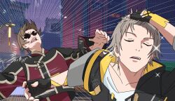  2boys architecture arm_ribbon arm_up artist_logo artist_name black_coat black_gloves brown_hair caelus_(honkai:_star_rail) closed_eyes cloud_print coat collarbone east_asian_architecture fingerless_gloves floating_hair gloves grey_hair hand_on_own_head hand_up highres hitting honkai:_star_rail honkai_(series) hood hooded_coat in-universe_location lantern logo long_sleeves male_focus masao0602 meme motion_lines multiple_boys naoya_hitting_choso_without_looking_(meme) night open_clothes open_coat open_mouth outdoors purple_sky ribbon round_eyewear shirt short_hair skott_(honkai:_star_rail) sky sparkle sunglasses t-shirt teeth tongue trailblazer_(honkai:_star_rail) two-sided_coat two-sided_fabric upper_body white_shirt wide_sleeves yellow_coat yellow_ribbon 