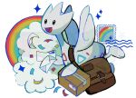  box brown_bag cardboard_box clouds commentary confetti english_commentary full_body highres holding holding_letter letter no_humans open_mouth pokemon pokemon_(creature) postage_stamp rainbow simple_background smile solo togetic vhsdruid watermark white_background 