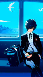  1boy absurdres bag bird black_jacket black_pants black_ribbon blue_hair blue_sky blue_theme city cityscape closed_eyes closed_mouth clouds collared_shirt crossed_legs dress_shirt duffel_bag gekkoukan_high_school_uniform hair_over_one_eye hand_grip hand_in_pocket headphones highres holding jacket listening_to_music logo long_sleeves male_focus mp3_player neck_ribbon official_art pants persona persona_3 persona_3_reload ribbon school_uniform second-party_source shimada_azusa shirt short_hair sitting sky skyline solo train_interior white_shirt yuuki_makoto_(persona_3) 