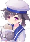  1girl absurdres animal_ears animal_hands black_hair blue_sailor_collar bread claws dress food gloves hat hiburi_(kancolle) highres hizaka kantai_collection low_ponytail one-hour_drawing_challenge paw_gloves sailor_collar sailor_dress sailor_hat short_hair simple_background solo upper_body violet_eyes white_background white_headwear wolf_ears 