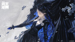  1girl arknights arknights:_endfield black_coif black_dress black_hair black_veil blue_hair character_request chinese_commentary closed_eyes commentary copyright_logo copyright_name copyright_notice dress english_commentary expressionless facial_mark flower forehead_mark hashtag-only_commentary highres korean_commentary kumatangent logo long_hair mixed-language_commentary mole mole_under_eye multicolored_hair official_art pointy_ears solo two-tone_hair veil very_long_hair white_flower 