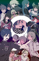  6+boys 6+girls absurdres ahoge akamatsu_kaede amami_rantaro android antenna_hair armband armor arms_behind_back bead_necklace beads black_gloves black_hair black_jacket black_mask black_sailor_collar blonde_hair blue_eyes blue_hair blunt_bangs blush bow bowtie breasts brown_eyes brown_hair brown_suit buttons chabashira_tenko checkered_clothes checkered_scarf choker collared_jacket collared_shirt commentary_request covered_mouth crest danganronpa_(series) danganronpa_v3:_killing_harmony dark-skinned_female dark_skin double-breasted ear_piercing english_text eyelashes facial_hair finger_to_mouth fingerless_gloves flipped_hair gakuran gem_hair_ornament glasses gloves goatee goggles goggles_on_head gokuhara_gonta green_eyes green_hair grey_hair hair_between_eyes hair_ornament hair_over_one_eye hair_ribbon hair_scrunchie hairband happy_anniversary harukawa_maki hat hat_belt highres hoshi_ryoma iruma_miu jacket jewelry k1-b0 lace-trimmed_hairband lace_trim long_hair long_sleeves looking_at_viewer low_twintails mask medium_hair mole mole_under_eye mole_under_mouth momota_kaito mouth_mask multiple_boys multiple_girls musical_note musical_note_hair_ornament necklace necktie ok_sign ok_sign_over_eye oma_kokichi one_eye_closed open_mouth partial_commentary piercing pink_hairband pink_serafuku pink_shirt pink_sweater_vest pinstripe_jacket pinstripe_pattern pitta_(oshirinokeeeee) pleated_skirt pointing power_armor profile purple_facial_hair purple_hair raincoat red_armband red_eyes red_hair red_scrunchie red_shirt ribbon ringed_eyes round_eyewear saihara_shuichi sailor_collar scarf school_uniform scrunchie serafuku shell shell_necklace shinguji_korekiyo shirogane_tsumugi shirt short_hair shushing skirt smile spiky_hair striped_clothes striped_shirt suit sweater_vest teeth tojo_kirumi tongue tongue_out twintails two-tone_scarf vest violet_eyes white_bag white_bow white_bowtie white_hair white_shirt witch_hat yellow_eyes yellow_raincoat yonaga_angie yumeno_himiko 