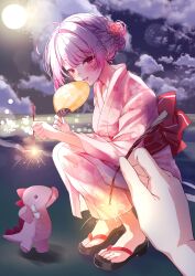  1girl black_sky braid clouds cloudy_sky commentary_request commission fireworks floral_print floral_print_kimono full_moon geta hair_bun hair_ornament hairclip hanayura_tira_(vtuber) hand_fan highres holding holding_fan indie_virtual_youtuber japanese_clothes kimono long_hair long_sleeves looking_at_viewer mei_hinamatsu moon night obi open_mouth pink_eyes pink_hair pink_kimono pov print_kimono red_sash sash second-party_source senkou_hanabi sidelighting sky smile solo_focus sparkler squatting virtual_youtuber 