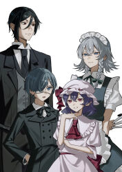  2boys 2girls apron aristocratic_clothes ascot bat_wings between_fingers bishounen black_hair black_suit blue_eyes blue_hair bow braid butler ciel_phantomhive commentary_request crossover eyepatch fingernails frills green_bow grey_hair grin hair_between_eyes hat hat_ribbon highres holding holding_knife izayoi_sakuya knife knives_between_fingers ko_gyoku kuroshitsuji long_fingernails looking_at_viewer maid maid_apron maid_headdress mob_cap multiple_boys multiple_girls open_mouth ouji_fashion pink_hat pointy_ears puffy_short_sleeves puffy_sleeves red_ascot red_eyes red_nails red_ribbon remilia_scarlet ribbon sebastian_michaelis sharp_fingernails short_hair short_sleeves smile suit touhou trait_connection tuxedo_shirt twin_braids victorian waist_apron wings 