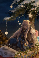  1girl animal_ear_fluff arknights artist_name bell black_capelet black_gloves blue_dress box braid capelet christmas christmas_lights christmas_ornaments christmas_tree closed_eyes clouds commentary dated dress english_commentary fur-trimmed_capelet fur_trim gift gift_box gloves grey_hair highres jewelry long_hair necklace night outdoors pramanix_(arknights) pramanix_(caster's_frost)_(arknights) sitting sky sled sleeping snow snow_leopard_ears snow_leopard_girl snow_leopard_tail solo star_(sky) starry_sky tendril tomonyannyan twin_braids very_long_hair wavy_hair 