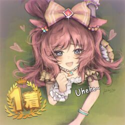  1girl agnes_digital_(full-color_fangirling)_(umamusume) agnes_digital_(umamusume) animal_ears blue_eyes blush bow breasts commentary doktahzaki fallen_down hair_bow heart highres horse_ears horse_girl horse_tail laughing long_hair looking_at_viewer multiple_girls open_mouth pink_hair shirt shoes single_wrist_cuff skirt sleeveless smile socks solo tail two_side_up umamusume white_socks wrist_cuffs yellow_bow 