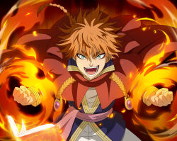  1boy absurdres black_clover black_clover_m:_rise_of_the_wizard_king blue_jacket book brown_hair cape fire green_eyes grimoire highres jacket leopold_vermillion looking_at_viewer magic non-web_source official_art open_book open_mouth pants pink_sash pyrokinesis red_cape sash solo teeth white_pants 