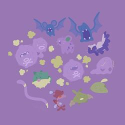 ._. closed_mouth commentary ekans english_commentary fangs flat_color gas gulpin highres koffing mlight_studios nidoran nidoran_(female) no_humans no_lineart o3o open_mouth pokemon pokemon_(creature) pokemon_focus purple_background qwilfish simple_background skrelp skull_and_crossbones smile stunky swalot trubbish v-shaped_eyebrows weezing zubat 