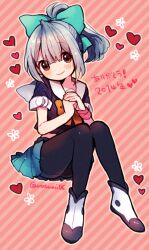  1girl black_pantyhose blue_skirt blush boots bow brown_eyes diagonal-striped_background flower_symbol hair_between_eyes hair_bow heart invisible_chair kantai_collection miniskirt natsumi_(natumi06) own_hands_together pantyhose pink_background pleated_skirt ponytail short_sleeves sitting skirt solo striped_background twitter_username white_boots wristband yuubari_(kancolle) 