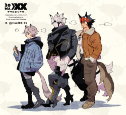  3boys alternate_costume animal_ear_fluff animal_ears black_hair black_jacket blue_jacket body_fur brown_pants brown_shoes cat_boy cat_ears cat_tail commentary_request dog_boy dog_ears dog_tail from_side fur-trimmed_jacket fur_trim furry furry_male grey_hair hair_between_eyes hand_in_pocket hands_in_pockets holding holding_phone jacket komano_manato male_focus max801115 multicolored_hair multiple_boys multiple_girls multiple_scars muscular muscular_male muzzle_(mask) orange_jacket pants parted_lips phone prosthesis prosthetic_leg red_eyes red_hair scar scar_across_eye scar_on_chest scar_on_face seth_lowell shirt shoes short_hair tail tail_belt violet_eyes von_lycaon white_background white_fur white_hair white_pants white_shirt wolf_boy wolf_ears wolf_tail zenless_zone_zero 