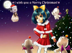  1girl :d bad_id black_horns blue_hair bow capelet christmas christmas_ornaments christmas_tree commentary_request creature dress eiko_carol final_fantasy final_fantasy_ix full_moon fur-trimmed_capelet fur-trimmed_dress fur-trimmed_sleeves fur_trim green_eyes hair_bow horns long_sleeves lowres merry_christmas mog moogle moon open_mouth pantyhose pom_pom_(clothes) red_capelet red_dress sack saikachi_(ogre_tree) santa_costume santa_dress short_hair single_horn smile star_(sky) white_pantyhose yellow_bow 