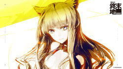  1girl ahoge animal_ears arknights arknights:_endfield bare_shoulders bird_ears bird_girl blonde_hair blue_eyes blunt_bangs closed_mouth commentary dated_commentary english_commentary head_tilt head_wings highres logo long_hair looking_at_viewer lowlight_kirilenko perlica_(arknights) smile solo upper_body white_background wings 