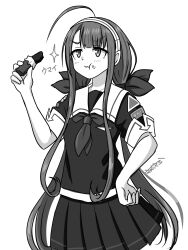  1girl absurdres ahoge badge candy chocolate chocolate_bar commentary eating food greyscale hairband hand_on_own_hip highres kantai_collection kawakaze_(kancolle) low_twintails monochrome neckerchief pleated_skirt pointy_ears samusara school_uniform serafuku simple_background skirt solo symbol-only_commentary twintails 
