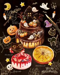  bat_(animal) blueberry cake candle cheesecake commentary cookie crescent_moon food food_focus fork fruit ghost halloween happy_halloween highres icing moon no_humans original pumpkin saku_sakuraba16 silk spider_web strawberry strawberry_slice symbol-only_commentary 