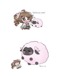  1girl :3 :d ahoge animal ardelia_(arknights) arknights arknights:_endfield black_skirt black_thighhighs blush bow bowtie brown_hair chibi chibi_only commentary detached_sleeves dot_nose drill_hair english_text gloves highres hue_oo long_hair long_sleeves open_mouth oversized_animal pink_shirt ponytail red_eyes sheep shirt simple_background skirt sleeveless sleeveless_shirt smile standing surprised symbol-only_commentary thigh-highs trembling twitter_username white_background white_bow white_bowtie white_gloves white_sleeves 