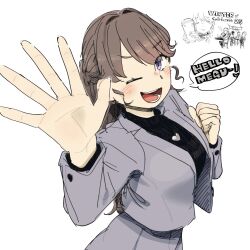  1girl 524ryo ;d arm_up black_sweater brown_hair clenched_hand commentary_request drawn_wings earrings fujishima_megumi fujishima_megumi_(post-graduation) grey_jacket grey_skirt hair_intakes halo heart heart_earrings heart_necklace hellomegu! highres jacket jewelry link!_like!_love_live! looking_at_viewer love_live! necklace one_eye_closed open_clothes open_hand open_jacket open_mouth pink_background pleated_skirt ponytail simple_background skirt skirt_suit smile solo speech_bubble suit suit_jacket sweater teeth traditional_halo turtleneck turtleneck_sweater violet_eyes virtual_youtuber white_background yellow_halo 