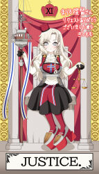  1girl balance_scale black_skirt blonde_hair blue_eyes card_(medium) collared_shirt commission dress_shirt eidsvold_(kancolle) full_body gloves highres justice_(tarot) kantai_collection long_hair pantyhose red_pantyhose shirt sitting skeb_commission skirt solo staff tarot tarot_(medium) throne weighing_scale white_gloves white_shirt yomogi_dango 