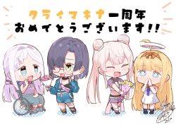  4girls ami_shido_(crymachina) blonde_hair blue_eyes blush bouquet chibi commentary_request crymachina double_bun enoa_(crymachina) glasses green_eyes grey_hair guest_art hair_bun hair_over_one_eye halo leben_distel_(crymachina) long_hair looking_at_another mikoto_sengiku_(crymachina) multiple_girls open_mouth purin_a_la_mode_(popup) smile tearing_up translation_request twintails wheelchair white_hair 