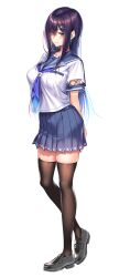  1girl amakano_2 arms_behind_back black_shoes black_thighhighs blue_skirt blush breasts closed_mouth full_body green_eyes hair_between_eyes hair_ornament himiyama_rei large_breasts large_variant_set loafers long_hair long_sidelocks looking_at_viewer neckerchief official_art piromizu pleated_skirt purple_hair purple_neckerchief school_uniform serafuku shirt shoes short_sleeves sidelocks simple_background skirt smile solo standing tachi-e thigh-highs variant_set white_background white_shirt zettai_ryouiki 