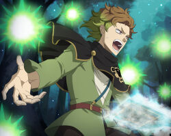  1boy absurdres black_bulls_(emblem) black_capelet black_clover black_clover_m:_rise_of_the_wizard_king book brown_hair brown_pants capelet finral_roulacase from_below green_shirt green_streaks grimoire highres magic male_focus multicolored_hair non-web_source official_art open_book open_mouth pants shirt short_hair solo streaked_hair sweatdrop teeth upper_body violet_eyes 