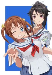  2girls badge black_eyes blue_background blue_eyes blue_skirt brown_eyes commentary_request cowboy_shot high_school_fleet highres index_finger_raised misaki_akeno multiple_girls munetani_mashiro neckerchief pleated_skirt ponytail red_eyes red_neckerchief sailor_collar sailor_shirt school_uniform serafuku shirt short_hair skirt tamura_ten twintails two-tone_background upper_body white_sailor_collar white_shirt yokosuka_girls_marine_high_school_uniform 