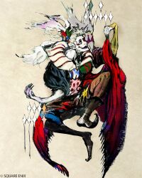  1boy asami_rubi black_boots blonde_hair boots cape claws closed_mouth facepaint final_fantasy final_fantasy_vi fingernails floating hetero highres jacket kefka_palazzo long_hair male_focus multicolored_jacket official_art pointy_boots pointy_ears ponytail puffy_sleeves red_cape red_eyes sharp_fingernails simple_background smile solo square_enix white_eyes 