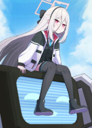  1girl absurdres black_bow black_hairband black_shoes black_skirt black_thighhighs black_vest blue_archive blue_necktie blush bow commentary full_body hair_between_eyes hair_bow hairband halo highres jacket junmin kei_(amas)_(blue_archive) kei_(blue_archive) kei_(new_body)_(blue_archive) long_hair_between_eyes multicolored_jacket necktie rectangular_halo red_eyes red_halo ringed_eyes robot school_uniform shoes sitting skirt smile solo thigh-highs two-tone_jacket vest zettai_ryouiki 