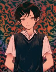  1girl androgynous arms_behind_back black_hair black_sweater_vest closed_mouth collared_shirt commentary dress_shirt futsuu_no_keion-bu green_background grey_eyes hair_ornament hairclip highres kouyama_rin looking_at_viewer orange_background pixie_cut revision school_uniform shirt short_hair short_sleeves smile solo sweater_vest upper_body white_shirt yukitake_(bullfalk) 