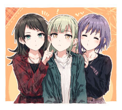  3girls aqua_eyes bang_dream! bang_dream!_it's_mygo!!!!! black_hair black_shirt border chain chain_necklace closed_mouth collarbone collared_dress commentary dress finger_to_another's_cheek green_hair green_jacket highres jacket jewelry light_frown long_sleeves looking_at_viewer multiple_girls necklace o3o open_clothes open_jacket orange_background plaid_clothes plaid_dress puckered_lips purple_hair red_dress shirt simple_background sweater turtleneck turtleneck_sweater upper_body wakaba_mutsumi white_border white_sweater yahata_umiri yellow_eyes yukitake_(bullfalk) yuutenji_nyamu 
