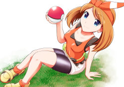  1girl belt_pouch bike_shorts bike_shorts_under_shorts blue_eyes brown_hair closed_mouth commentary_request from_above holding holding_poke_ball ihara_shigekatsu may_(pokemon) poke_ball pokemon pokemon_oras pouch red_shirt shirt shoes shorts sidelocks sleeveless sleeveless_shirt solo white_shorts yellow_shoes 
