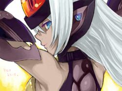  1girl arms_up bad_drawr_id bad_id bare_shoulders blue_eyes breasts dark-skinned_female dark_skin forehead_protector from_behind long_hair looking_back medium_breasts saikachi_(ogre_tree) solo t-elos translation_request upper_body white_hair xenosaga xenosaga_episode_iii 