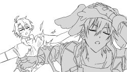  2boys a104201 antenna_hair arm_ribbon arm_up blush caelus_(honkai:_star_rail) character_hat choker closed_eyes coat collarbone fingerless_gloves gloves greyscale hair_between_eyes hand_on_own_head hand_up hello_mem_world!_(honkai:_star_rail) highres honkai:_star_rail honkai_(series) hood hooded_coat lapels long_sleeves male_focus mem_(honkai:_star_rail) meme monochrome multiple_boys naoya_hitting_choso_without_looking_(meme) neck_tattoo open_clothes open_coat open_mouth outstretched_arms phainon_(honkai:_star_rail) ribbon shirt short_hair short_sleeves simple_background single_bare_shoulder spread_arms sun_symbol sun_tattoo sweatdrop t-shirt tattoo torn_clothes torn_shirt trailblazer_(honkai:_star_rail) upper_body v-shaped_eyebrows 