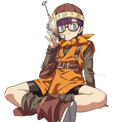  1girl arm_support belt belt_buckle belt_pouch bike_shorts black_shirt black_shorts black_socks blue_eyes blunt_bangs boots brown_belt brown_boots buckle chrono_trigger closed_mouth eyelashes glasses headset helmet hosodayo indian_style long_sleeves loose_socks lucca_ashtear orange_tunic pouch shirt short_hair shorts sitting smile socks solo toriyama_akira_(style) tunic twitter_username violet_eyes white_background 