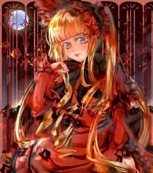  1girl absurdres black_bonnet black_bow black_bowtie blonde_hair blue_eyes blue_moon blunt_bangs bonnet bow bowtie brooch capelet chinese_commentary classic_lolita commentary_request cowboy_shot dress expressionless flower flower_brooch frilled_capelet frilled_dress frilled_headwear frilled_sleeves frills full_moon highres indoors jewelry light_particles lolita_fashion long_dress long_hair long_sidelocks long_sleeves moon muriel_miaoke nail_polish night parted_lips red_capelet red_dress red_flower red_rose rose rozen_maiden shinku sidelocks sitting solo thorns twintails very_long_hair window 